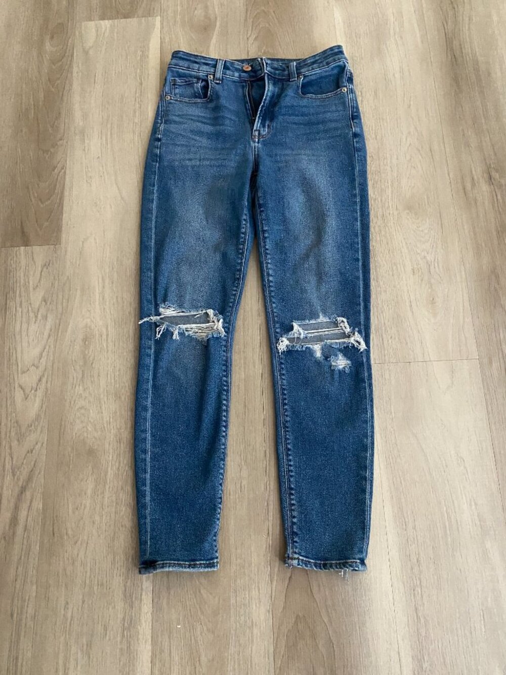 American Eagle Mom Jeans Size 00 Distressed High Rise Stretch Denim Blue Wash